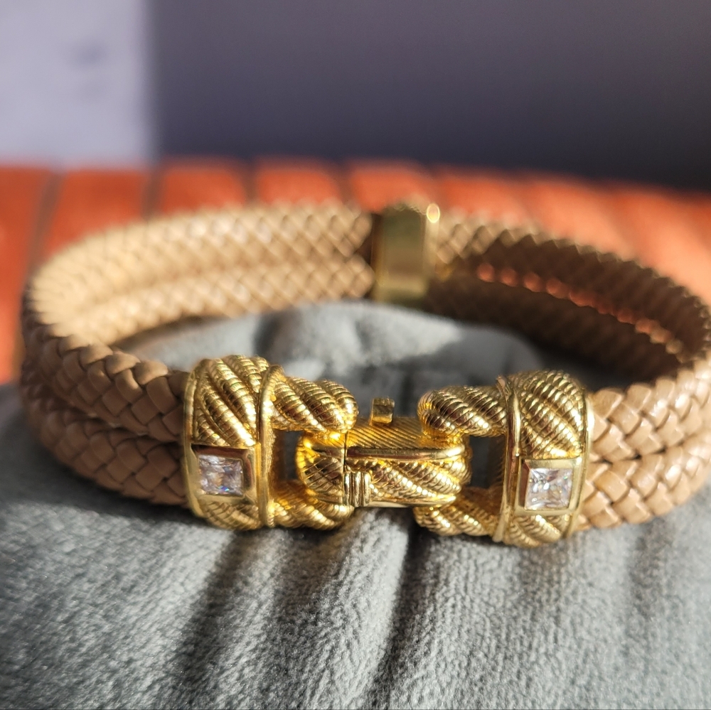 Judith Ripka Gold and Beige Braided Leather Bracelet with Crystal Accents - Picture 4 of 8